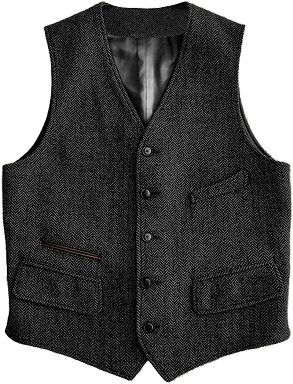 SOLOVEDRESS Mens Vintage Classic Herringbone Pattern Suit Vest V Neck Casual Wool Blend Waistcoat for Men
