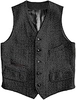 SOLOVEDRESS Men's Vintage Herringbone Pattern Wool Blend Suit Vest - V-Neck Casual Waistcoat Regular Fit XS-3XL
