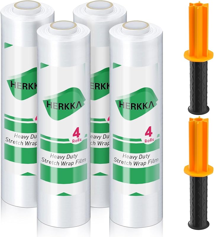 HERKKA Película estirable con asas Resistencia industrial Envoltura celular Rollo de plástico Envoltura retráctil para envoltura de paletas 15 pulgadas x 1000 pies Paquete de 4 Calibre 60