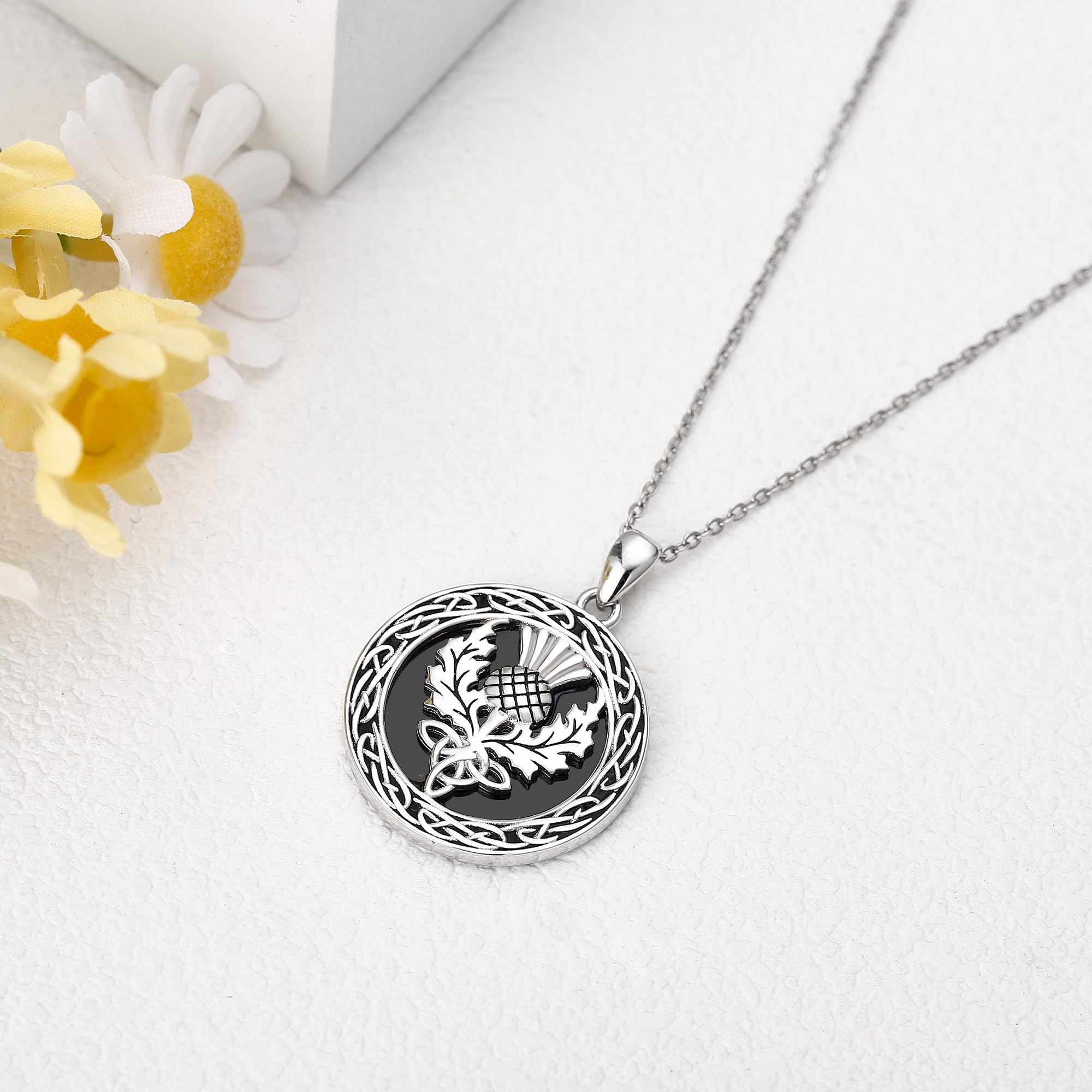 Schottische Distel Halskette Sterling Silber Schwarzer Onyx Keltischer Anhänger Neckalce für Frauen Schottischer Distelschmuck für Frauen