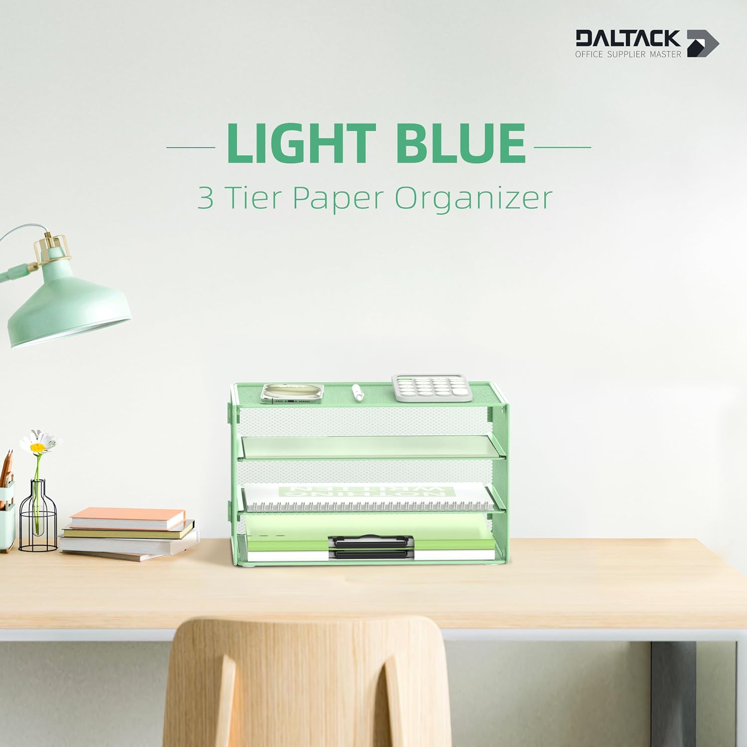 DALTACK 3 Tier Letter Tray Paper Organizer with Sliding Trays Mint Green image 2