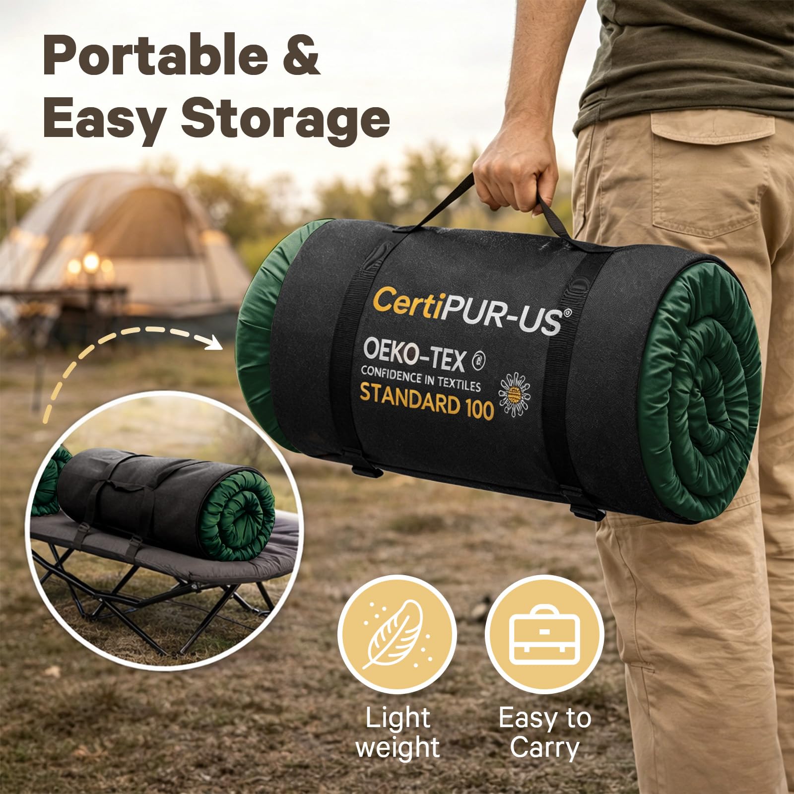CYMULA Memory Foam Camping Mattress Pad Isomatte Portable Roll Up Mattress for Adults Camping Bed Pads for Sleeping, Guest Bed for Sleepover Car Bed with Travel Bag