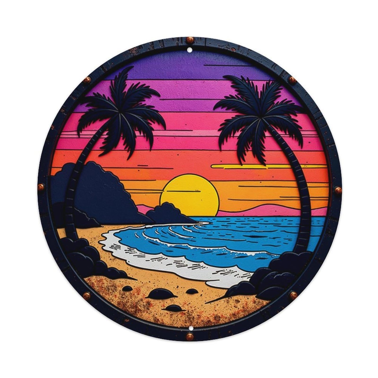 Tropical Sunset Palm Tree Beach Scene Retro Metal Tin Sign, Vintage Metal Poster for home, Gaming Room, Studio Workshop,Bar,Garage Wall Art Decor 8x8 inch