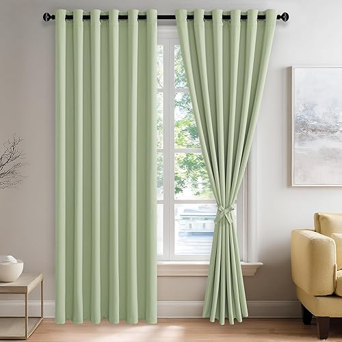 JIUZHEN Cortinas opacas de aislamiento térmico y acústico con tiras de amarre, de color verde claro, bloquean la luz del sol y reducen el ruido,