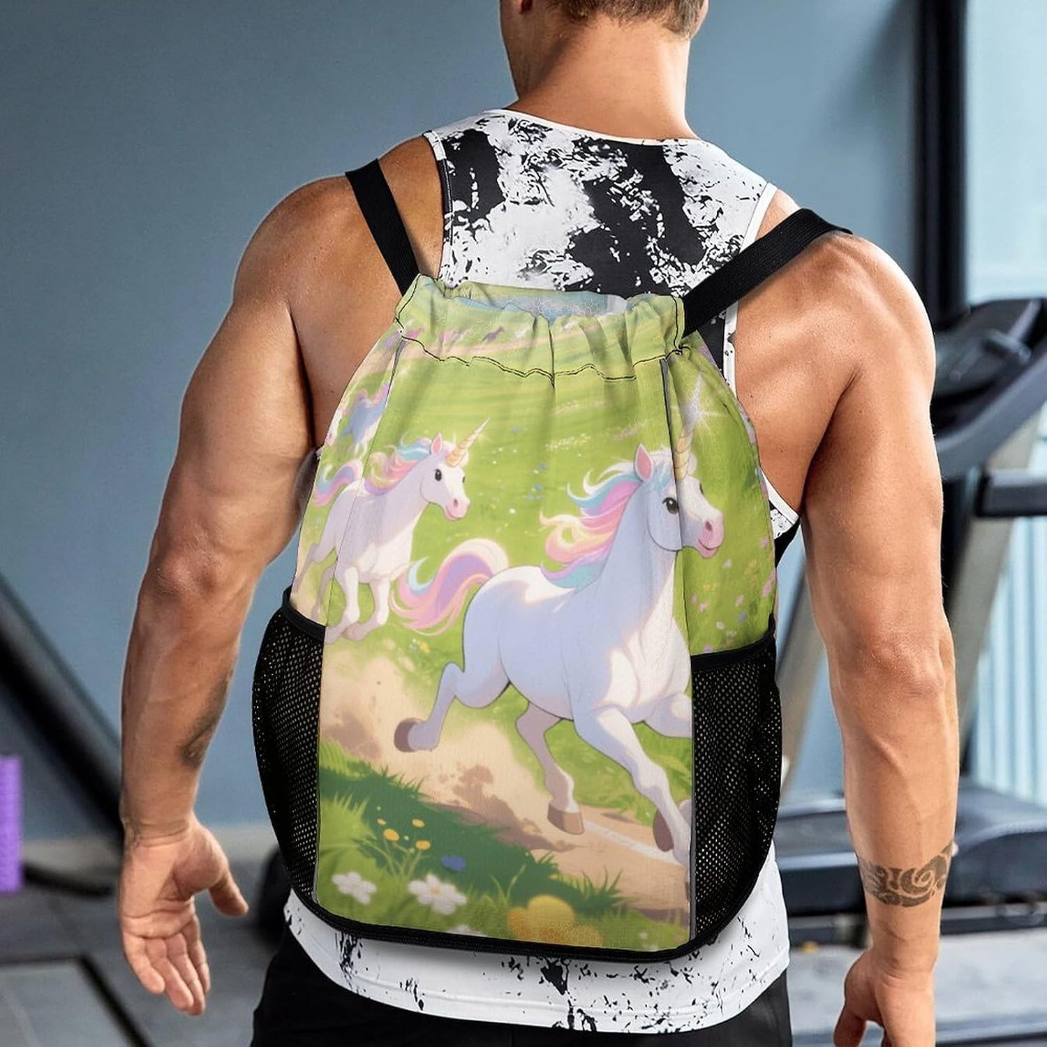 Small Gym Bag Fairy Tale Unicorn Printed Drawstring Gym Bag for Men Lightweight Waterproof Drawstring Backpack for Women with Shoe Compartment for Travel Tourism Work And Fitness