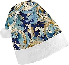 Elegant Blue Gold Florentine Santa Hat Christmas Hats with Comfort Lining & Plush Brim Xmas Hat Cap for Holiday Festive Party Favors