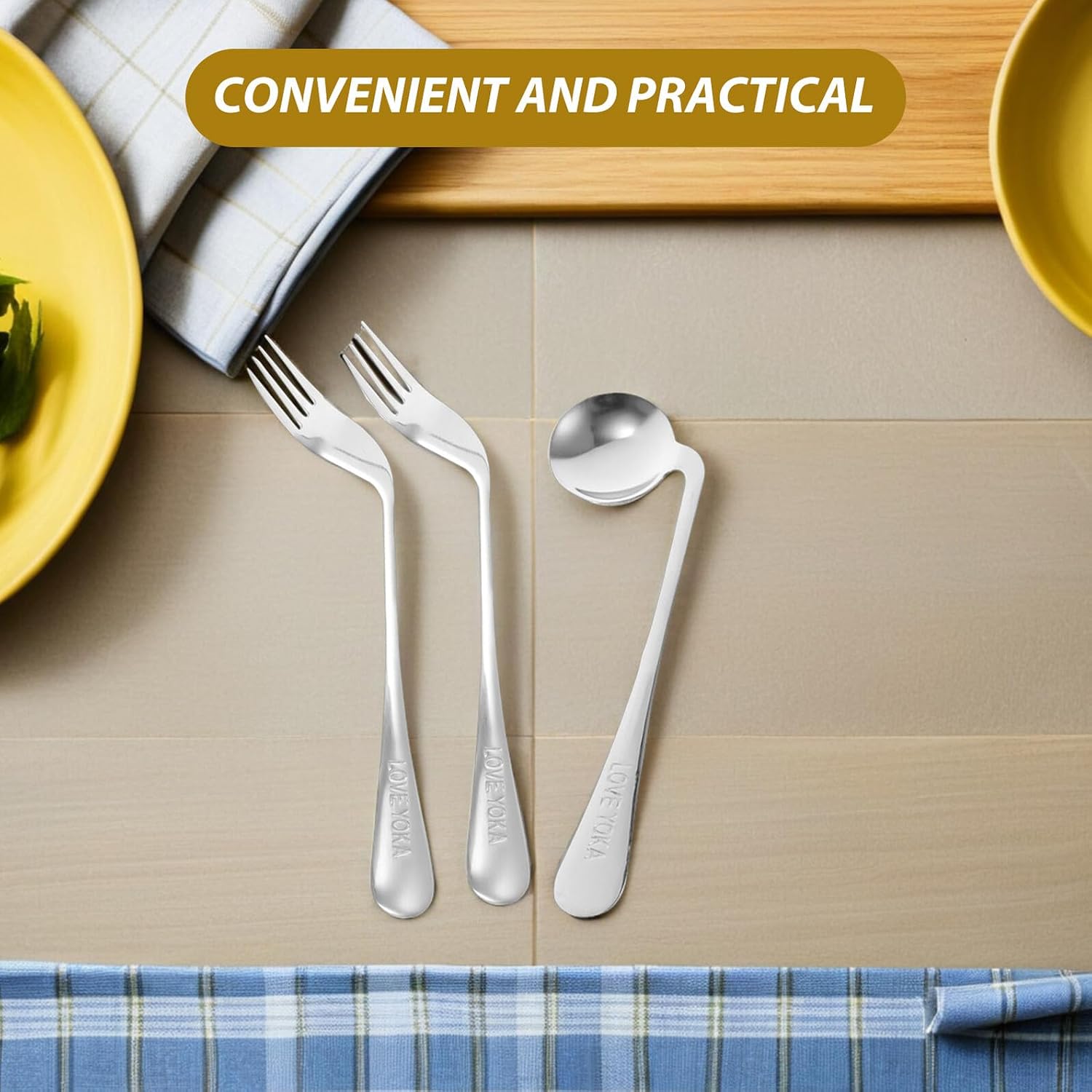 LALAFINA 1 Set of Adaptive Utensils Angled Fork and Spoon Stainless Steel Elderly Right Handed Anti Shake Eating Utensils Self-feeding Learning Bendable Handle Silverware