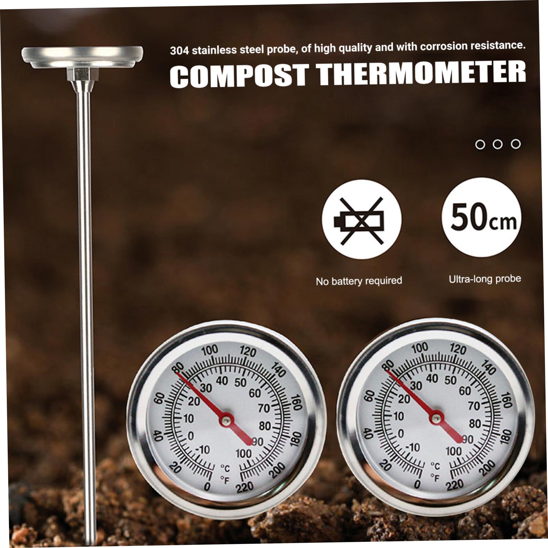 Termómetro de compost, termómetro de tierra de acero inoxidable de 2 pulgadas portátil de 2 pulgadas con vástago de 20 para tierra, compost, jardín.