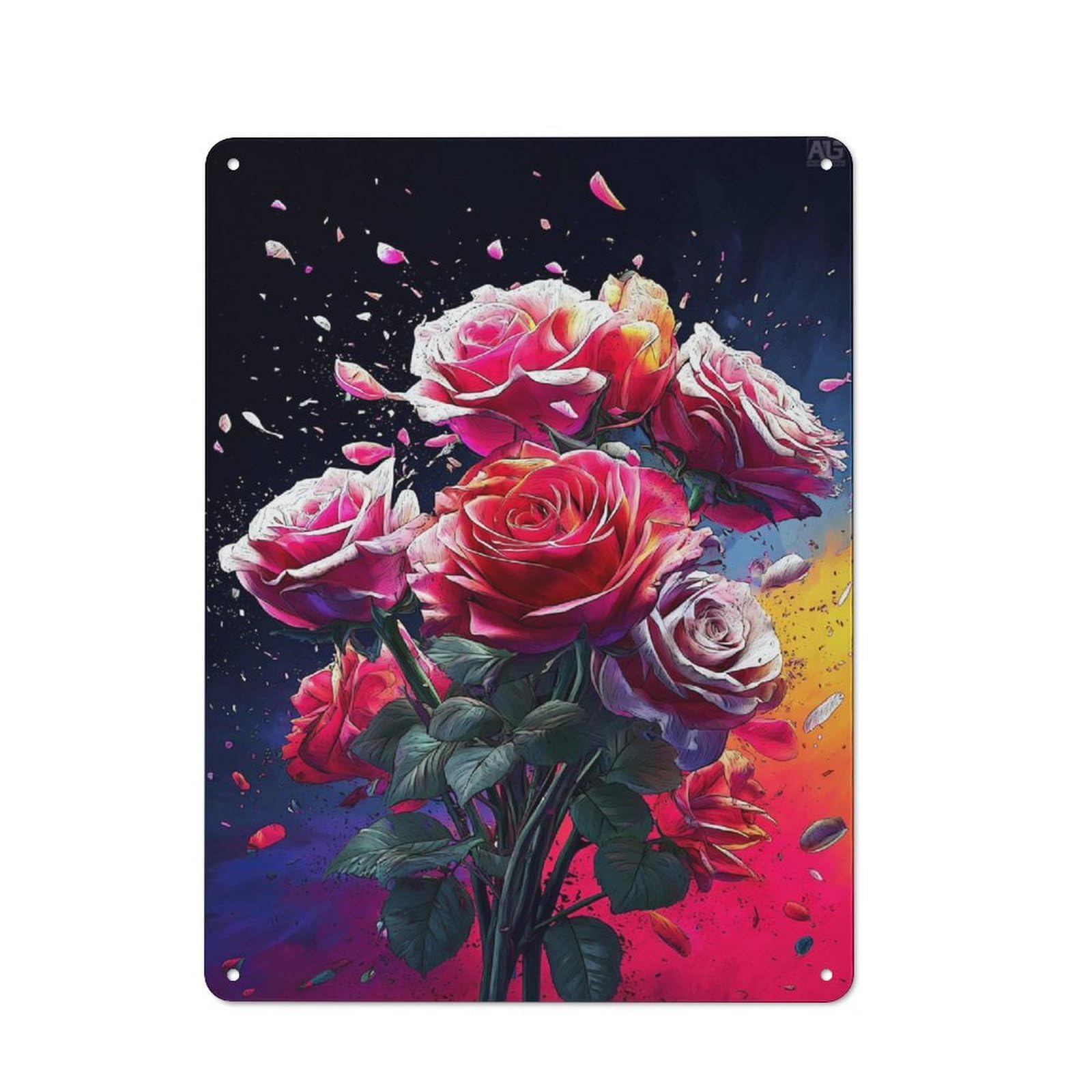 Junmoney Explosion Of Colorful Roses -1 Retro Metal Wall Decor 40X30cm, Tin Wall Sign For Bakery, Diner, Cafe Or Family Room