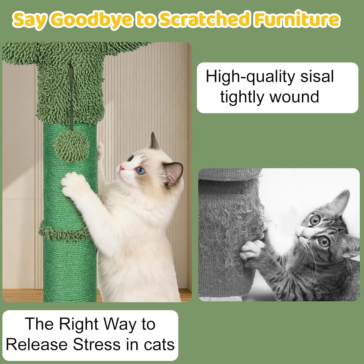 Tall Cat Scratching Post for Indoor Cats Adults, Cat Scratch Post with Sisal Rope Claw Scratcher, Solid Wood Cat Tower with Scratching Post and Cat Toys Mouse Hole,Cactus Small Cat Tree(Green Cactus)