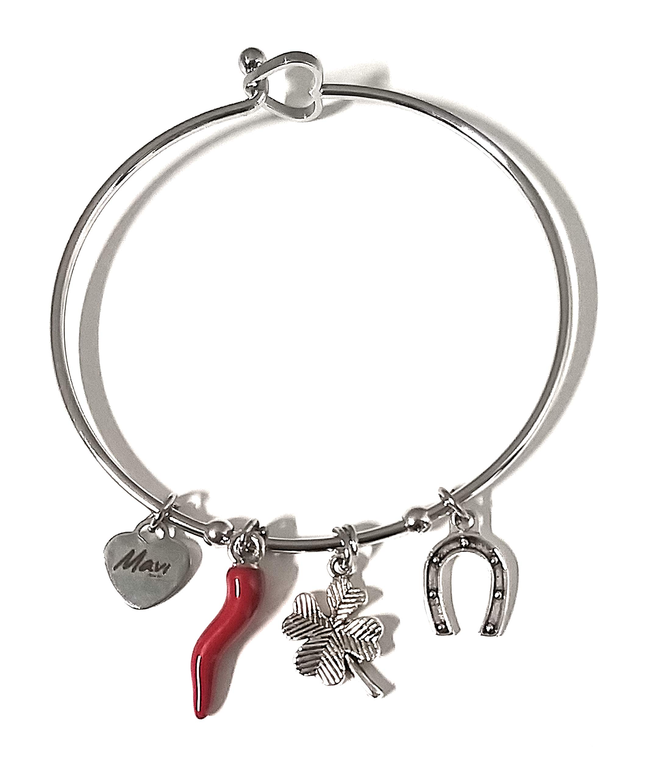 Mavijewel Bracciale donna in acciaio con charm corno portafortuna pendolo ferro di cavallo ciondolo quadrifoglio produzione propria made in italy #gioielli