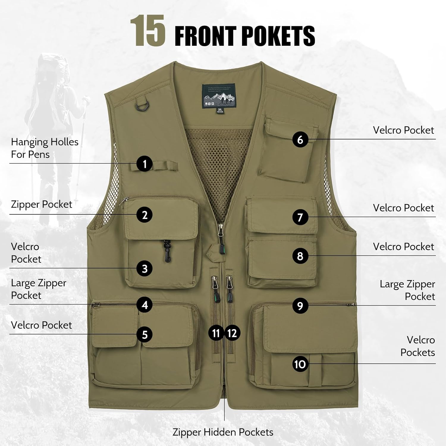 AOTORR Mens Outdoor Work Safari Cargo Photo Travel Fishing Vests for Men with Multi-pockets - Image 3