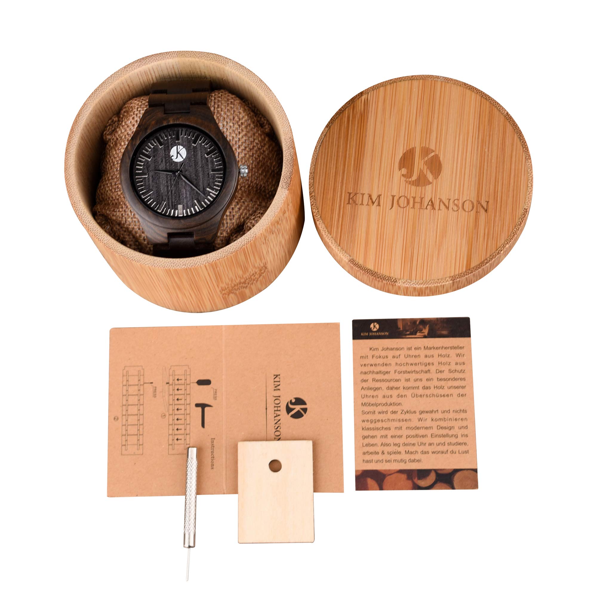 Kim Johanson Herren Ebenholz Armbanduhr *Dark Star* in Braun/Schwarz mit Einem Gliederarmband Handgefertigt Quarz Analog Uhr inkl. Geschenkbox