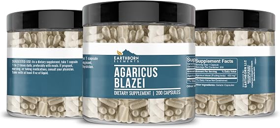 Earthborn Elements Agaricus Blazei 200 Capsules, Pure & Undiluted, No Additives