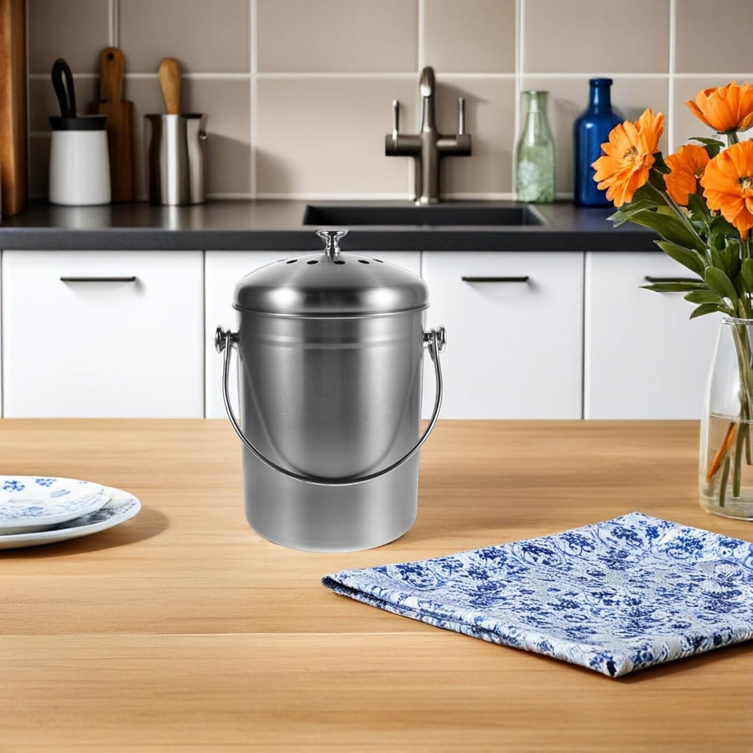 Stainless Steel Kitchen Compost Bin 5l with Lid Carbon Filter Odorless Food Waste Container Countertop Indoor Compost Pail for Home Use