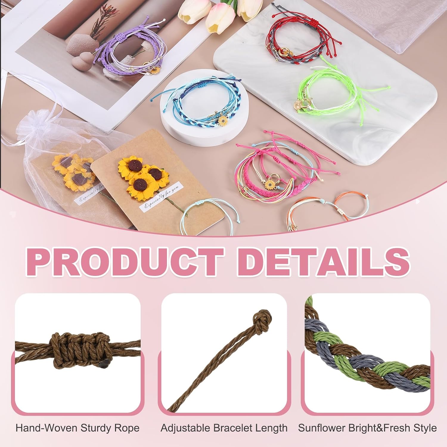 MECCANIXITY Sunflower Bracelets Bohemia Surf Friendship Bracelets Adjustable Sunflower Braided Rope String Set with Card & Mesh Bag
