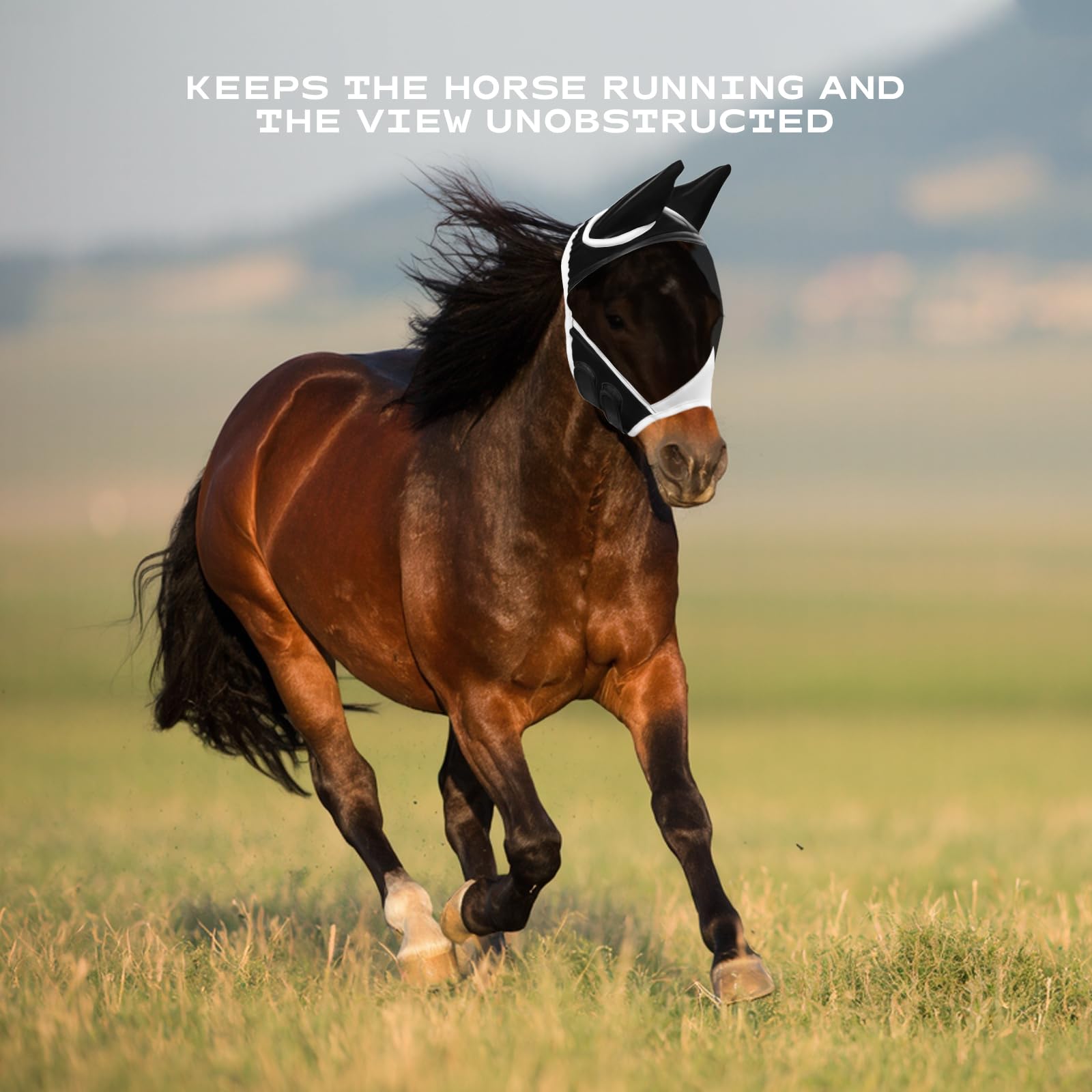 Máscara antimoscas para caballos transpirable malla fina ajustable protección orejas antiUV negro L