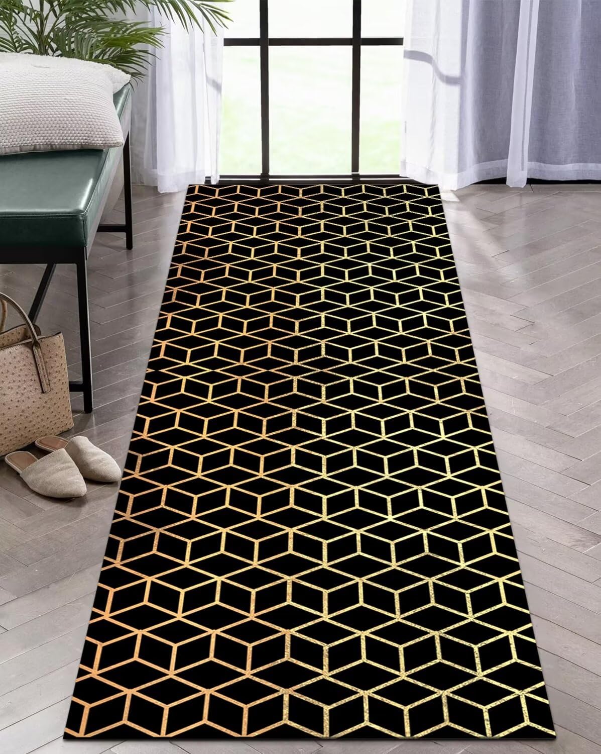 Dywan ometryczny 40 x 60 cm, czarny, brązowy, dywan do przedpokoju, antypoślizgowy, zmywalny, mata podłogowa do kuchni, salonu, sypialni, przedpokoju, pralni, schodów