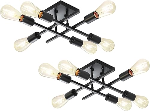 Eietonte Lámpara de techo semiempotrada de 6 luces, iluminación industrial negra cerca del techo, moderna base E26, lámpara de techo Sputnik para