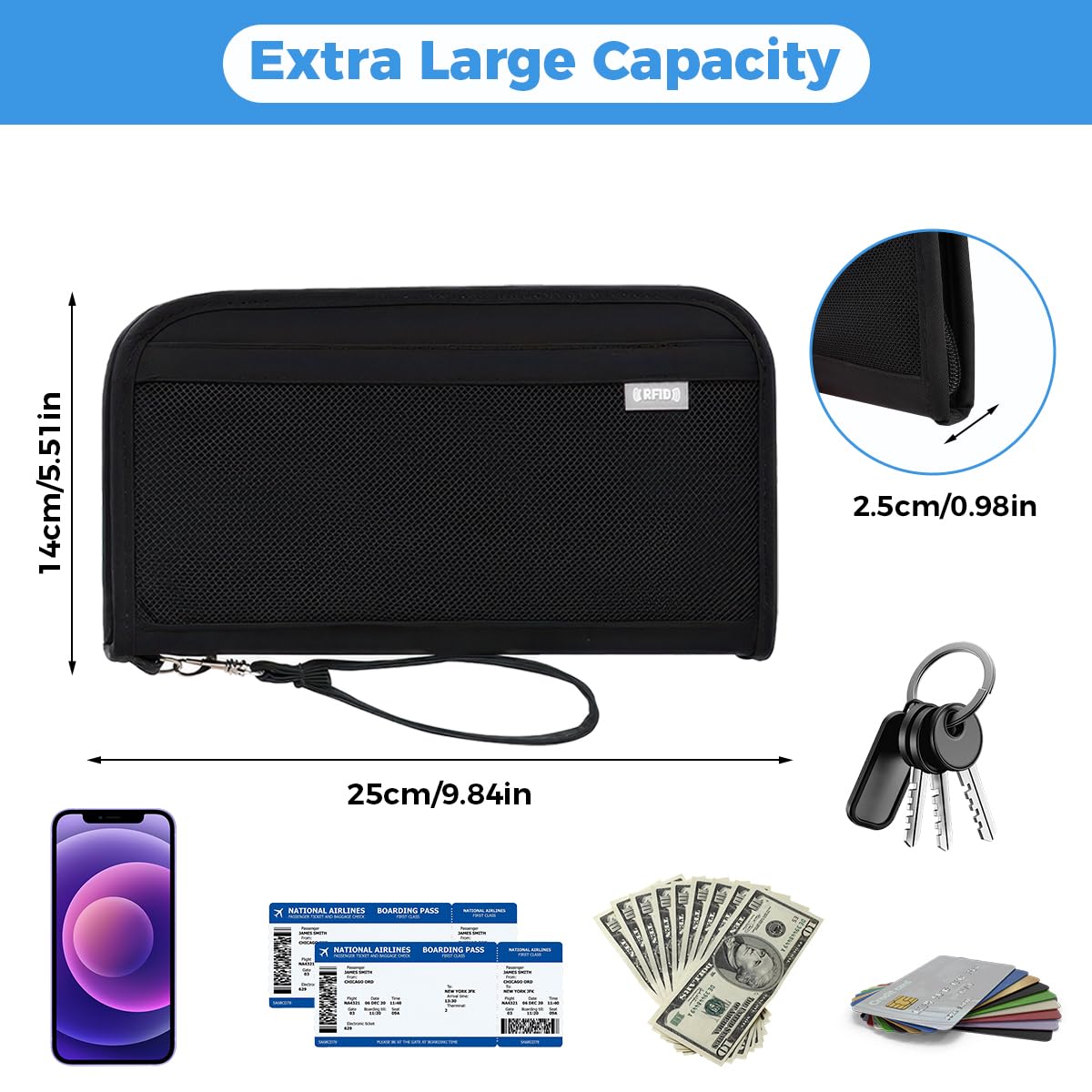 Torba na paszport z blokadą RFID, organizer na dokumenty podróżne, torba na paszport, przenośna torba na paszport, wodoszczelna, na karty kredytowe, bilety lotnicze, monety