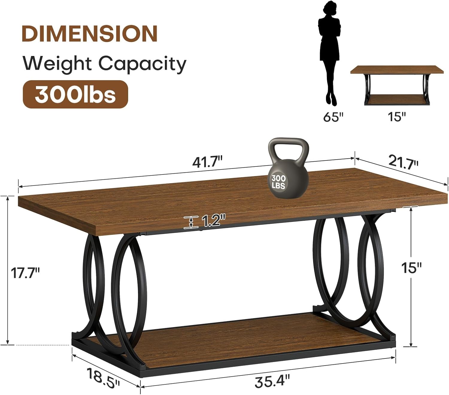 BECHAEO Modern Industrial Coffee Table for Living Room, 41.7'' Rectangular Thickened Wood Top with Metal Arc Legs Center Table, 2-Tier Coffee Tables with Storage Shelf for Home Office