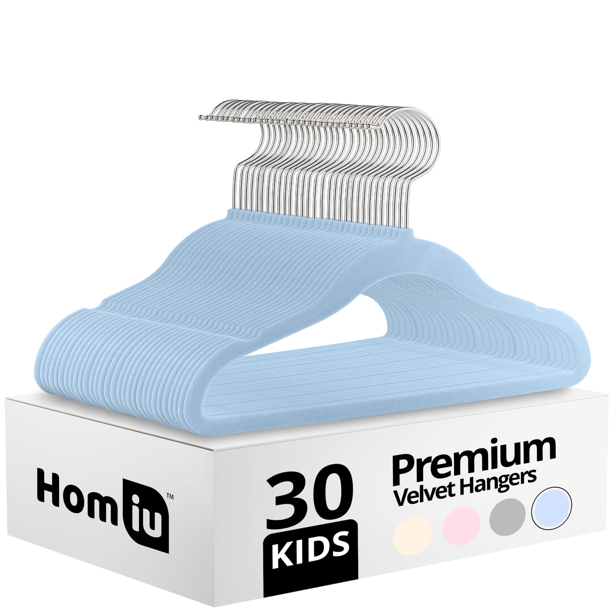 Homiu Girls Blue Non-Slip Kids Velvet Hangers | Ultra-Slim Space Saving Baby Velvet Coat Hangers | 360 Degree Rotatory Hook, Sturdy Baby Clothes Hanger | 30 Pack (, 30 Pack)