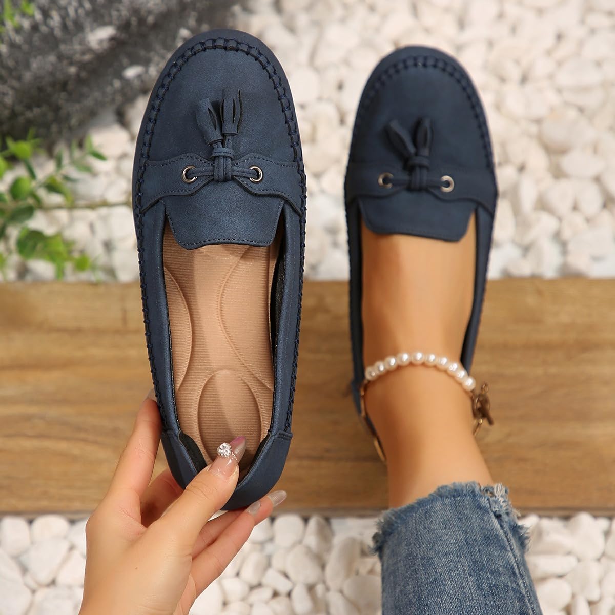 Mocasines vintage cómodos de piel de ante para mujer, zapatos planos ortopédicos suaves de ajuste ancho con soporte de arco, mocasines transpirables para conducir, Blue, 40.5 EU