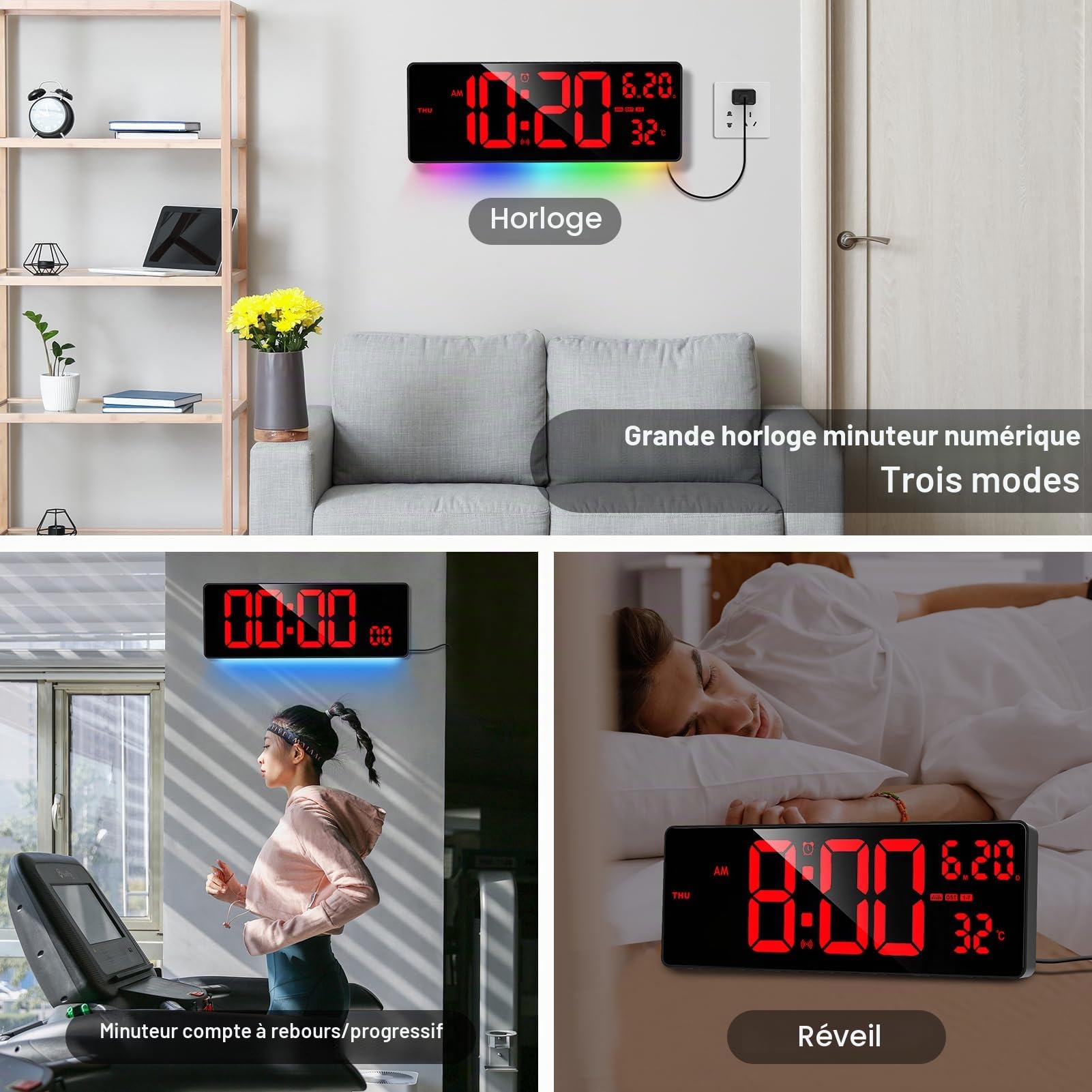 XREXS Horloge Murale 16,5" Écran Rouge Barre Lumineuse Colorée