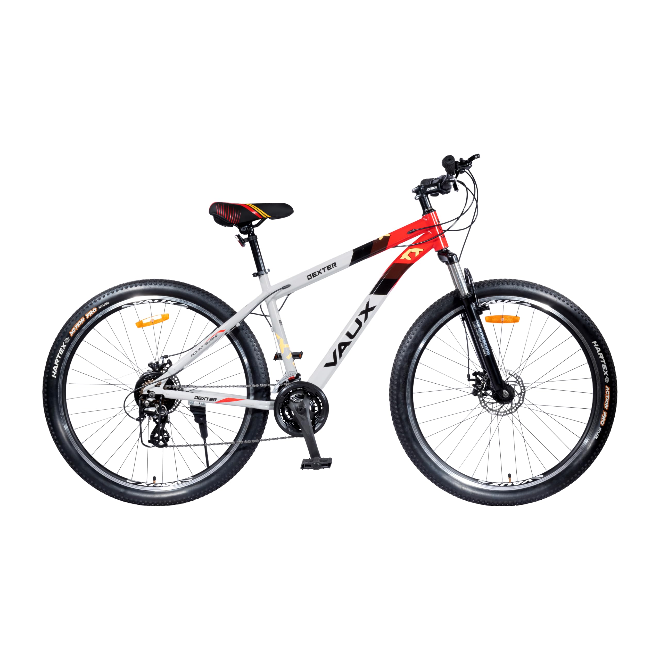 Vaux Dexter 29T MTB Cycle for Men with Shimano 21 Speed Gear, 29inch Gear Bicycle, Front Suspension Fork, Dual Disc Brake, Nylon Tyres, Alloy Rims (Grey-Red)-image-11