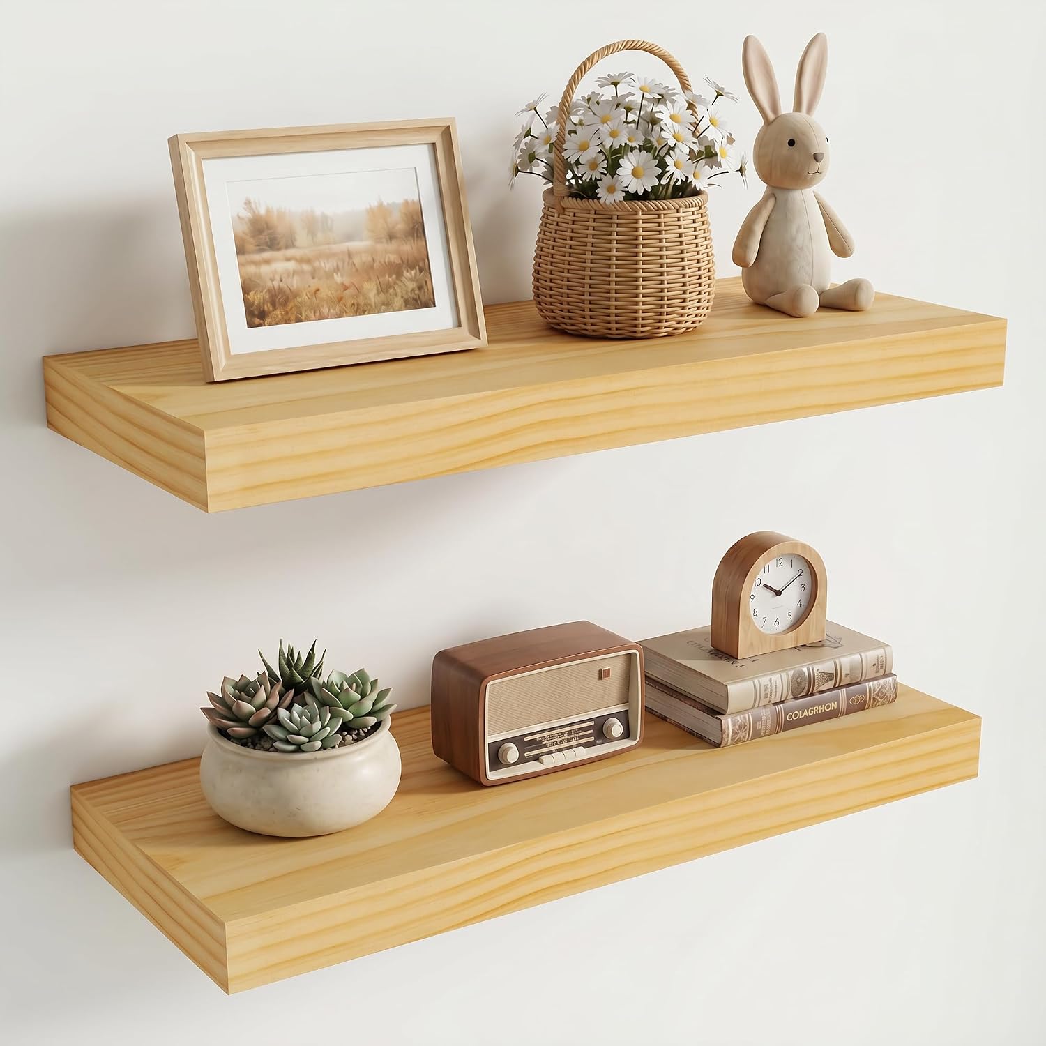 Fun Memories Wood Floating Shelves Set of 2, Rustic Pine Wood Floating Shelves for Wall Mounting, Wide Wall Shelf for Home Decor and Storage, 24" W x 7" D, Natural Unfinished, DIY Stain