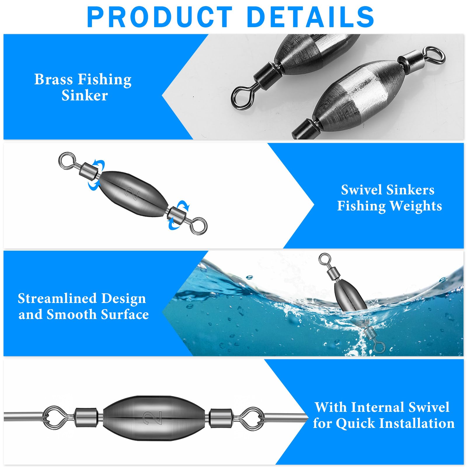 Seenelling 20 piezas de plomos de pesca giratorios de latón para agua salada, plomos de bala de agua salada, plomos de huevo con rodillo giratorio extraíble agua dulce