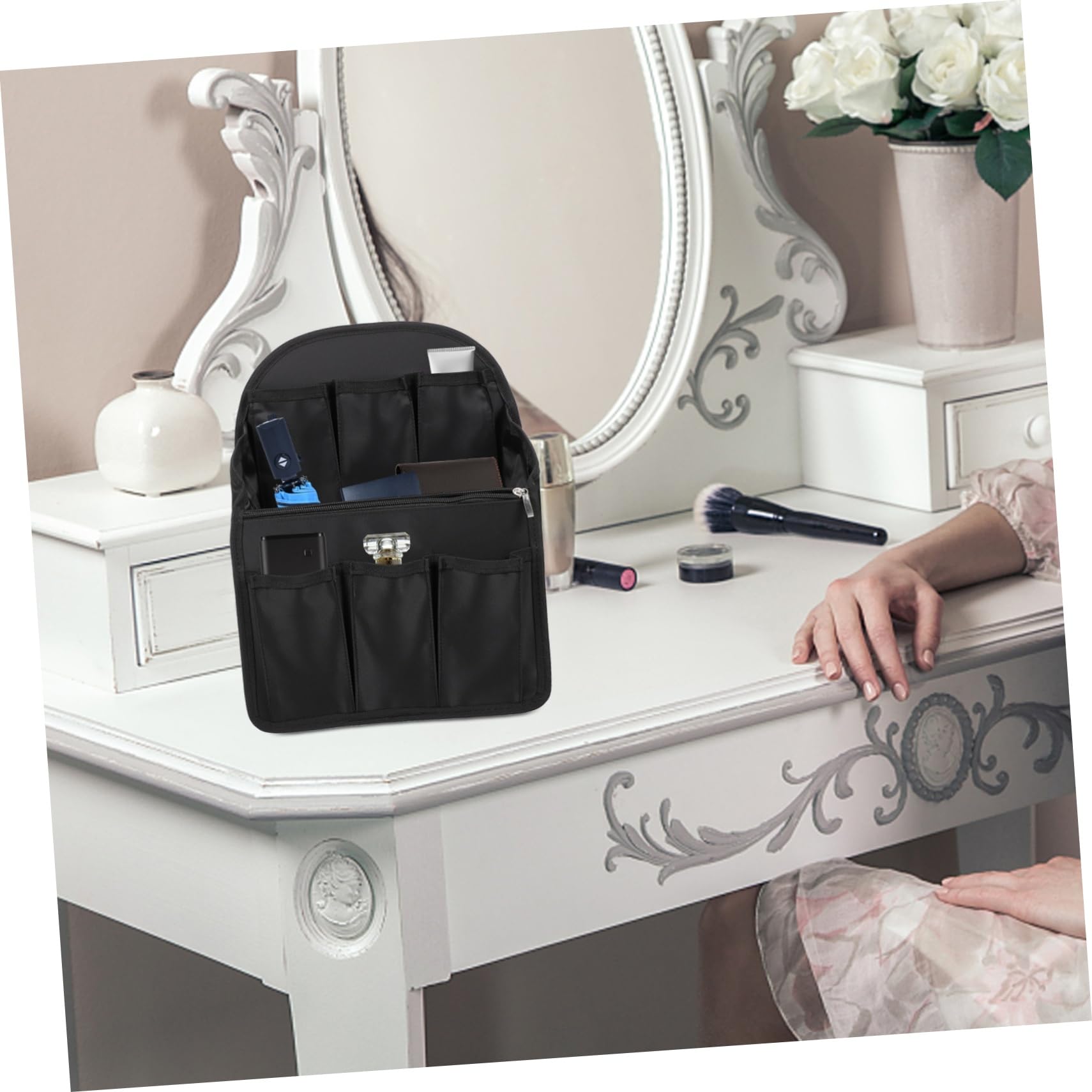Organizer Zaino da Viaggio in Nylon Nero Scomparti Multipli e Tasche Multiple, Traspirante e Pieghevole, per L'organizzazione Durante i Viaggi