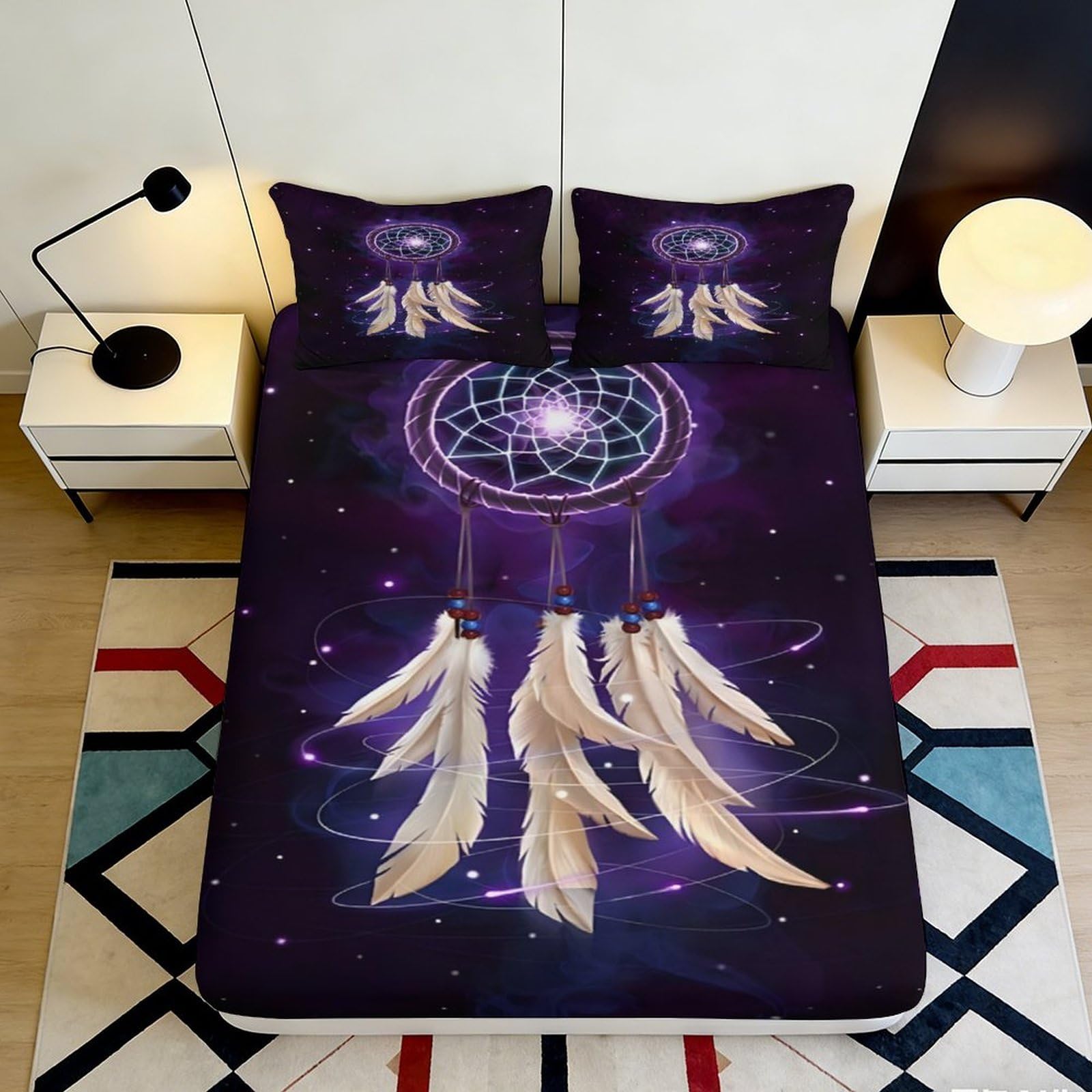 Pnayamiorkfel Style-7 3D Printed Dreamcatcher Fitted Sheet Microfiber Soft Purple Feather Bed Cover Protective Decor For Bedroom Guest Room 90X200x25cm