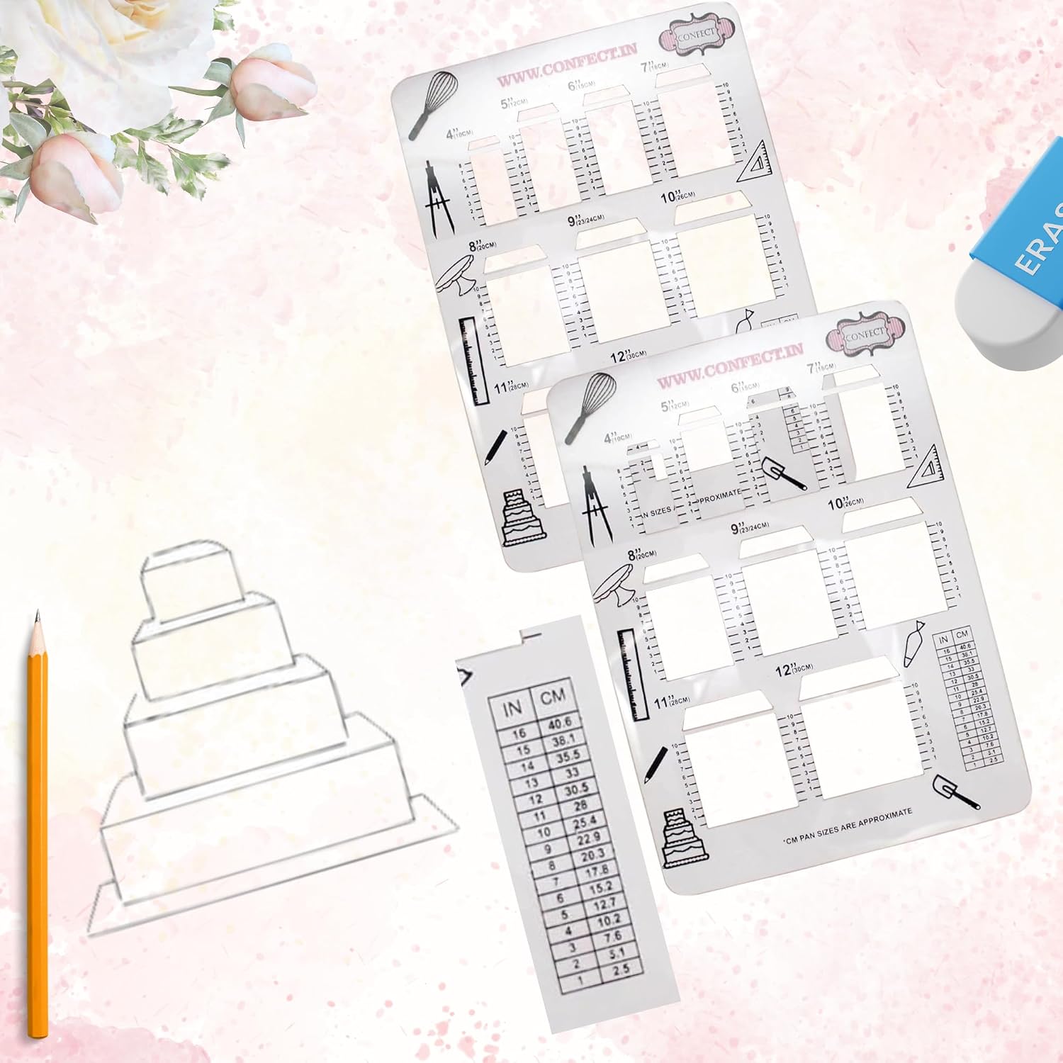 Confect Square Cake Sketching Stencils | Reusable Cake Decorating Stencils for Baking, Icing & Fondant | Decorating Tools for Cookies & Pastries