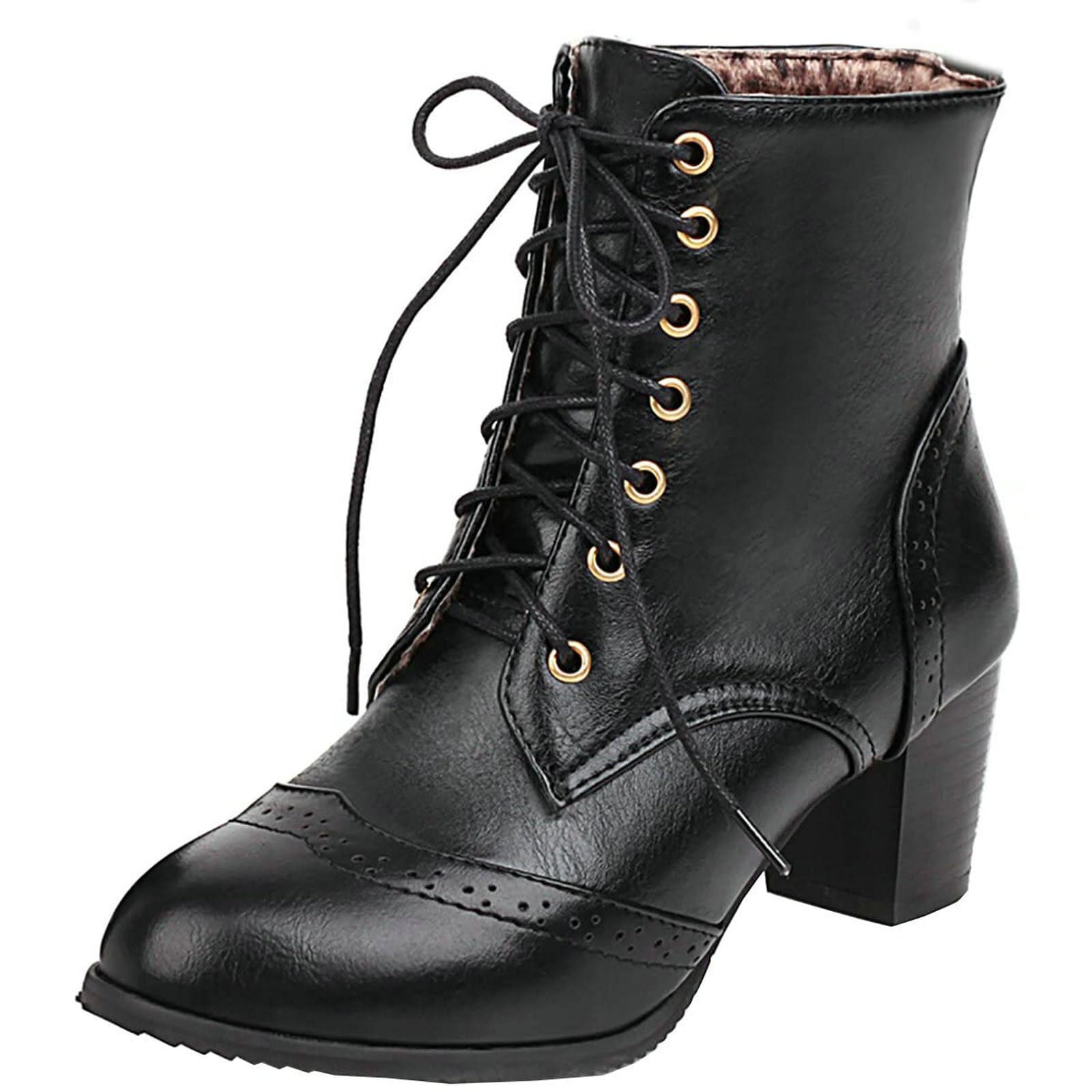 Uniquelly Womens Wingtip Booties Chunky Heel Ankle Boots Lace Up Round Toe Vintage Comfortable Winter Shoes