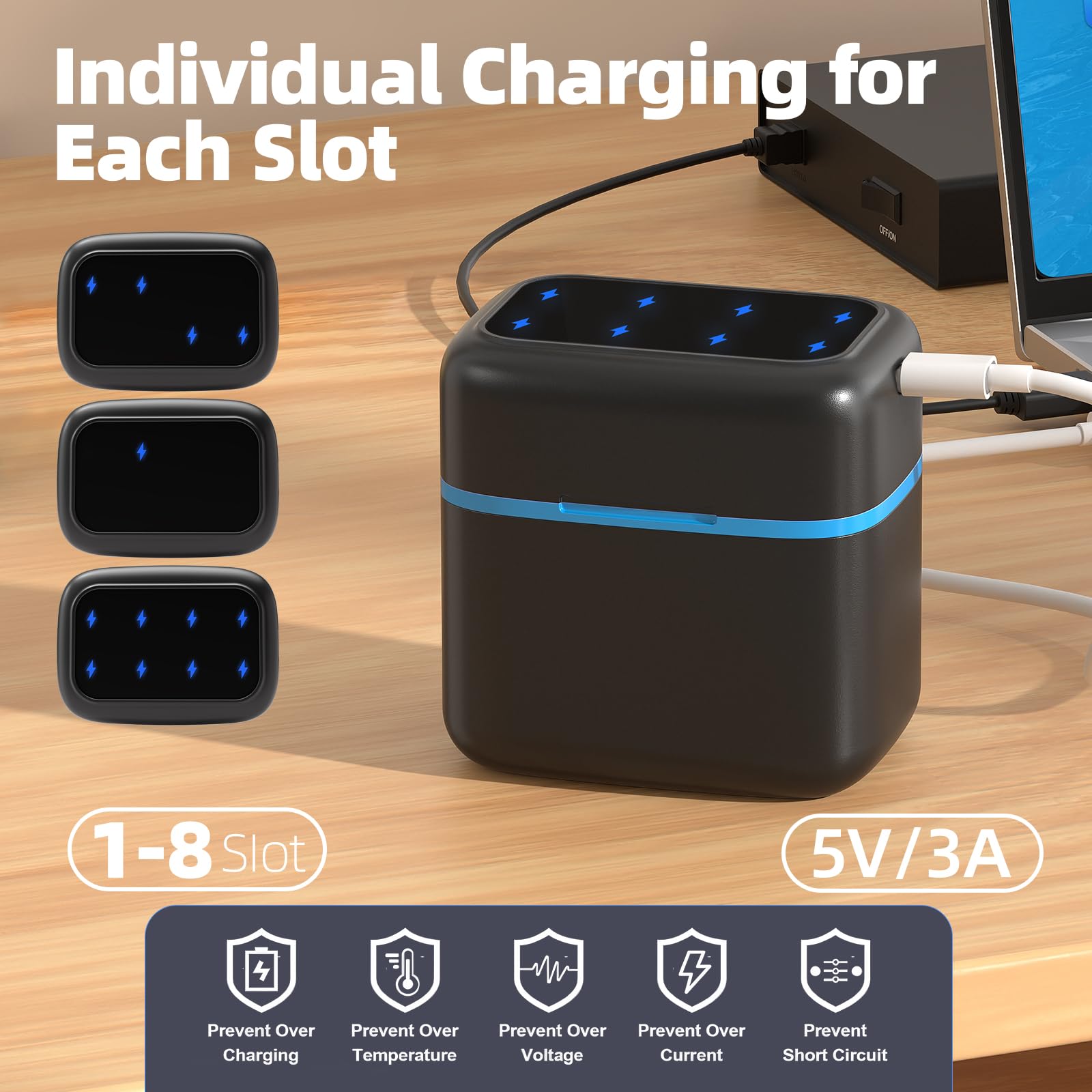 Cargador rápido de batería AA, se adapta a 1,2 V Ni-MH/Ni-CD y batería de litio de 1,5 V, viene con 8 paquetes de baterías recargables de iones de litio AA, 1,5 V 3600 mWh, 2000+ ciclos
