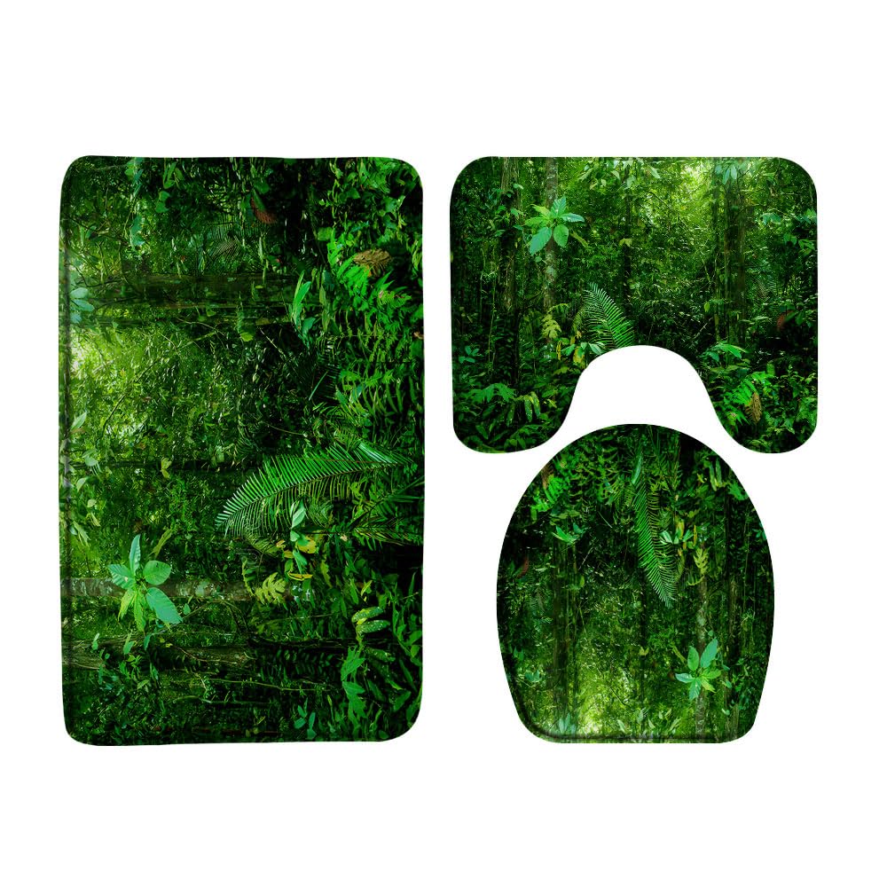 VPUPCN Tropical Rainforest 3 Pcs Bath Rugs Set,Green Palm Plnat Nature Jungle Landscape Lush Tree Forest Botanical Bathroom Kitchen Rug with 17.8