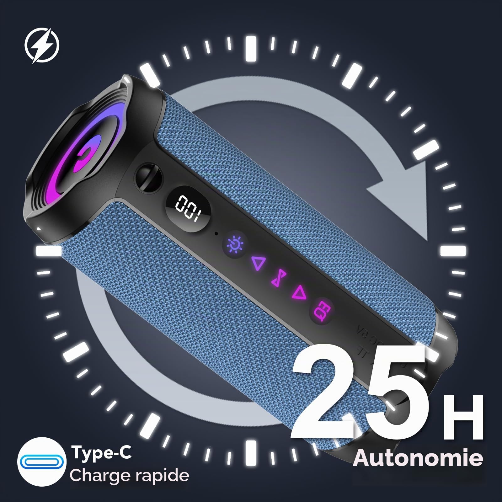 Enceinte Bluetooth Puissante 5.4 sans Fil avec Bass Puissantes, Haut-Parleur Portable 25W, LED Écran, Autonomie 25H,Son Surround à 360 degrés,Appairage TWS,AUX,TF Carte,pour l'extérieur/La Fête/Voyage