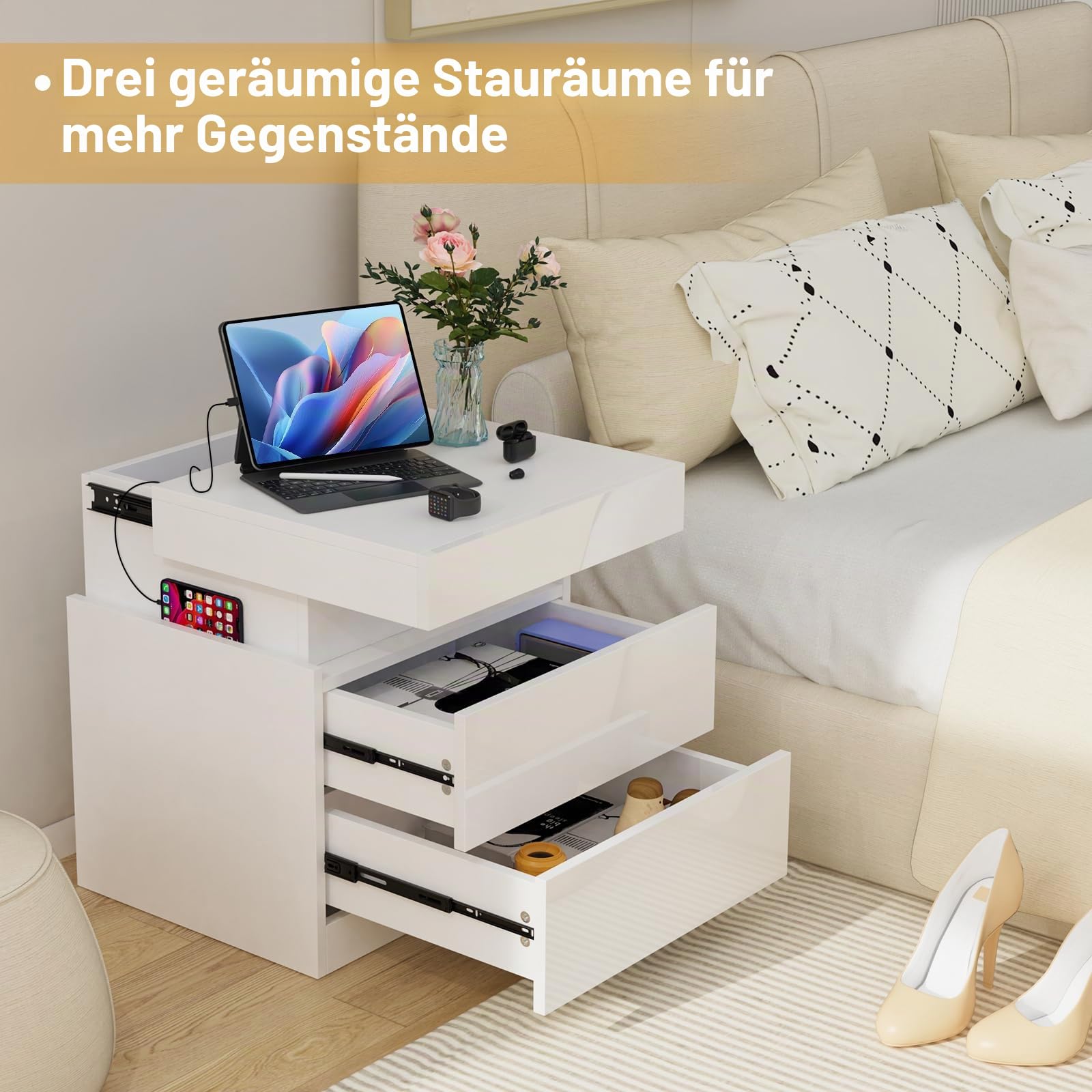 Nachttisch mit Steckdose, Nachttisch mit Beleuchtung, Einstellbare 16 Farben, 2 Schublade, Nachtschrank weiß Hochglanz, Versteckte Schiebeschränke, für Schlafzimmer Wohnzimmer
