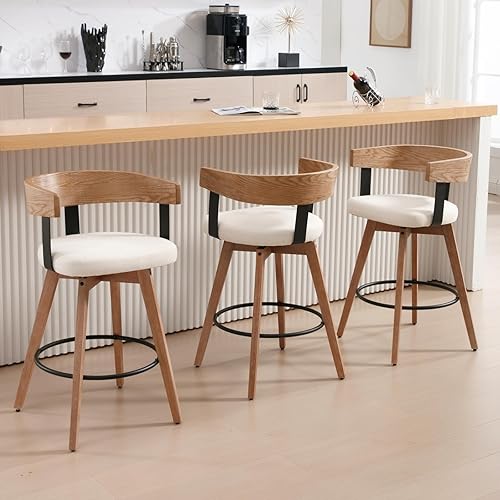 Miniatura 8 de HEAH-YO Juego de 2 taburetes de bar giratorios de 26 pulgadas de altura de mostrador con respaldo de barril, blanco, estilo moderno de mediados de