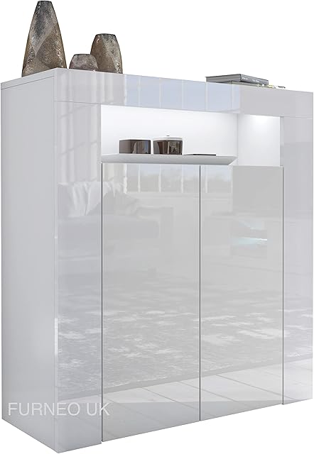 Furneo High Gloss & Matt White 2-door Sideboard Cabinet Cupboard Unit Clifton01 White LED Lights