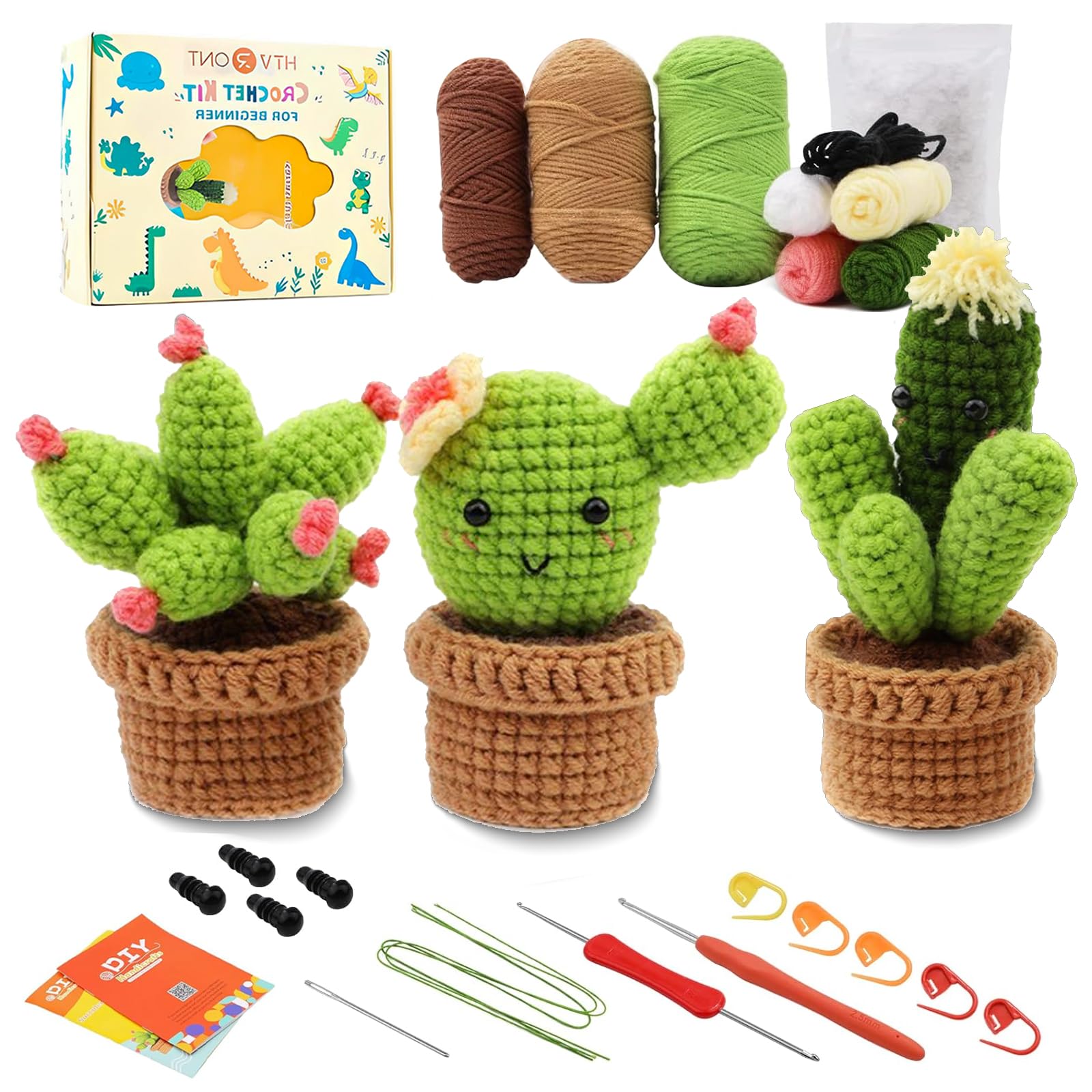 Lonsien Haakset voor beginners, 3 cactus-haken voor beginners, compleet breien, voor beginners, set haakset voor kinderen en volwassenen, doe-het- zelf met haaknaalden, garen met stapsgewijze