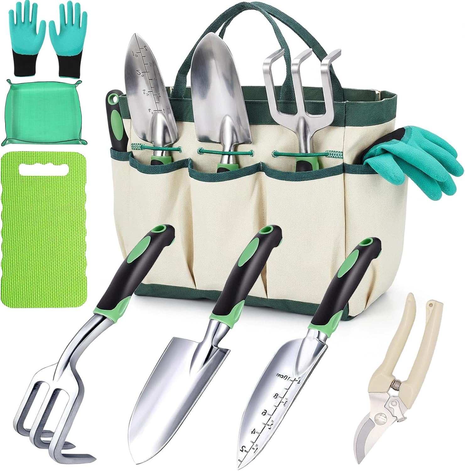 8-Piece Heavy-Duty Gardening Tools Set with Tote Bag - Rust-Proof Aluminum Gardening Hand Tools with Ergonomic Non-Slip Rubber Grips - Gardening Supplies Set Ideal Gift for Men & Women