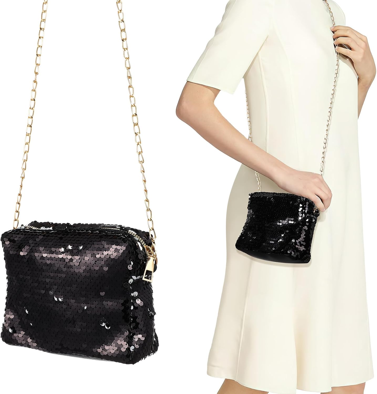 LUOEM Black Sequin Clutch Bag Sparkly Evening Handbag for Women Party Medium Size 10.2X7.1 Inch Shoulder Crossbody Purse - Image 6