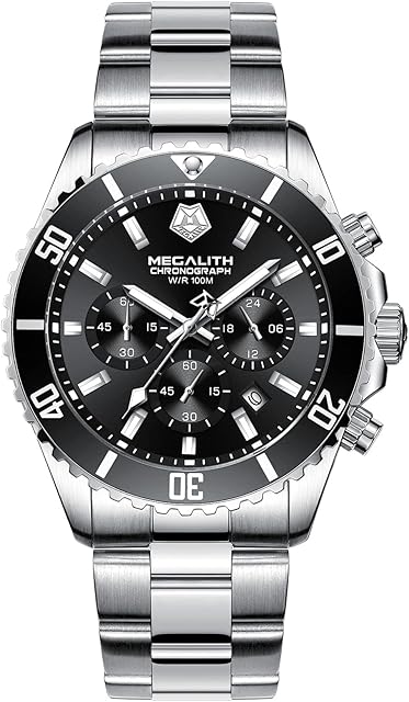 MEGALITH Mens Watches Chronograph Stainless Steel Watches for Men Waterproof Designer Mens Wrist Watches Dress Analogue Luminous Date