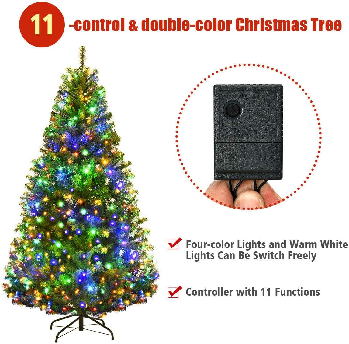 Goplus 5FT Pre-Lit Artificial Christmas Tree Auto-Spread/Close up Branches 11 Flash Modes with Multicolored 150 LED Lights & Metal Stand