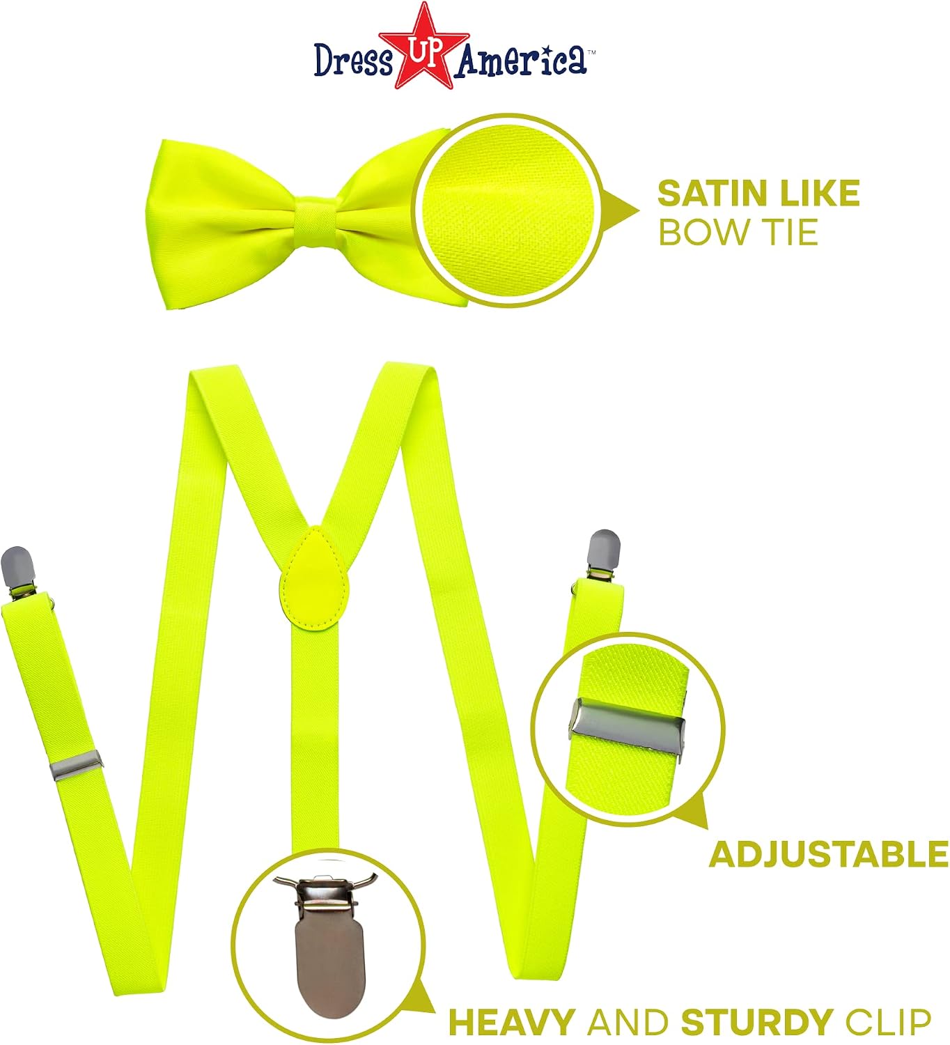 Dress Up America Neon Suspender, Bow-tie, Sunglasses, Accessory Set - Adult and Kids Size Suspenders