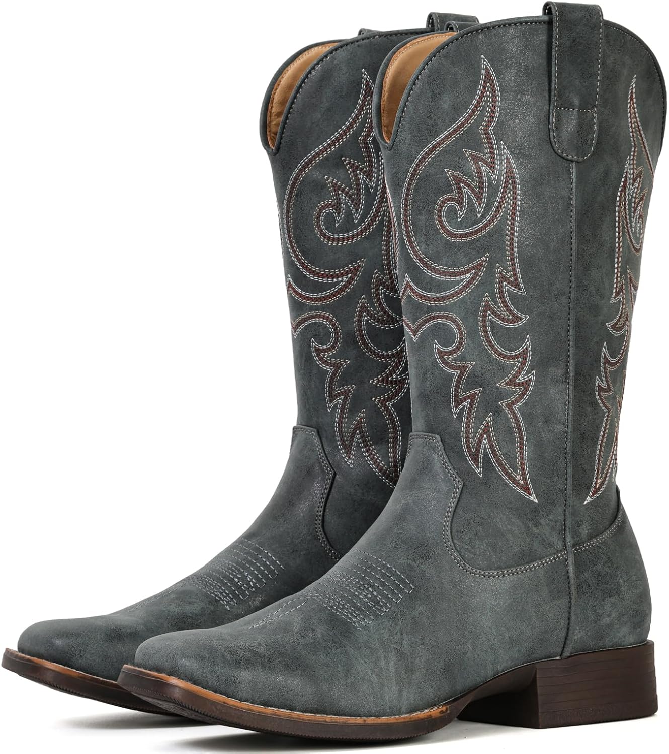 IUV Cowboy Boots for Women Mid Calf Square Toe Cowgirl Boots with Embroidery Pull On Fashion Retro Western Boot for Theme Party Country Concert