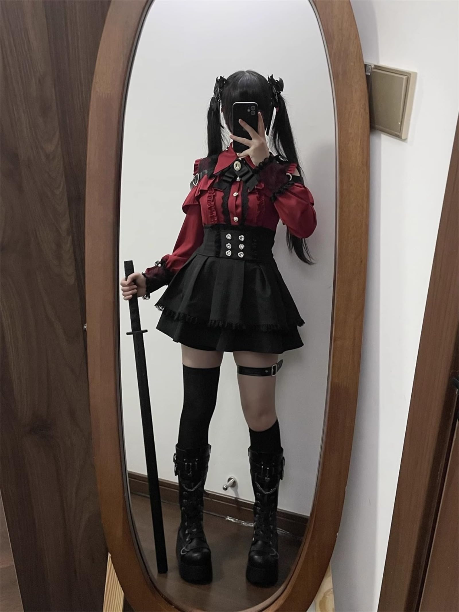 Wayolyn Lolita Shirts Jirai Kei Fashion Kawaii Clothing Goth Shirts Women Lace Mesh Sheer Long Sleeve Blouse: Red X-Large