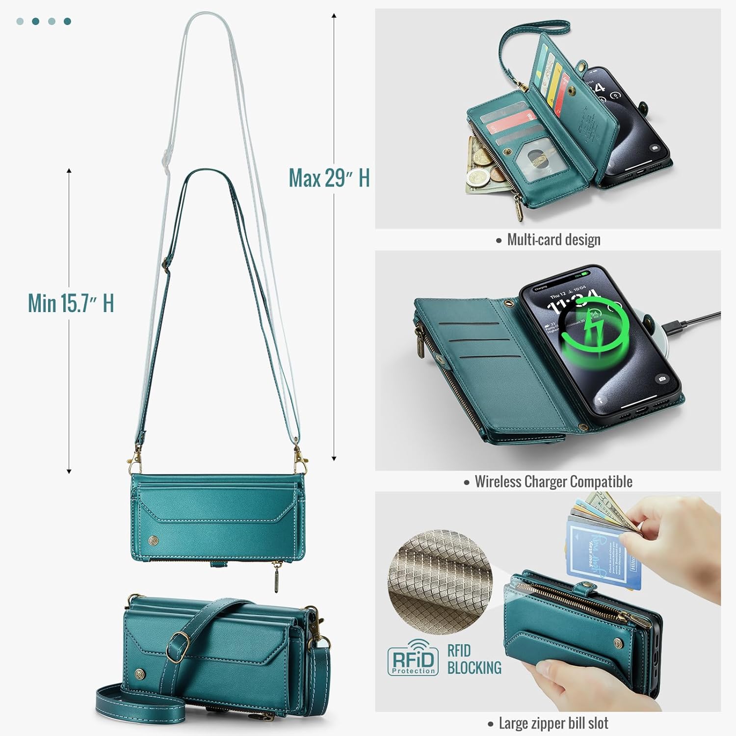 Dteck for iPhone 12 Pro & iPhone 12 Case 6.1", Crossbody Wallet Phone Case with Credit Card Holders & Pockets, PU Leather Portable Flip Cover with Stand Function & Shoulder/Wrist Strap Lanyard, Green